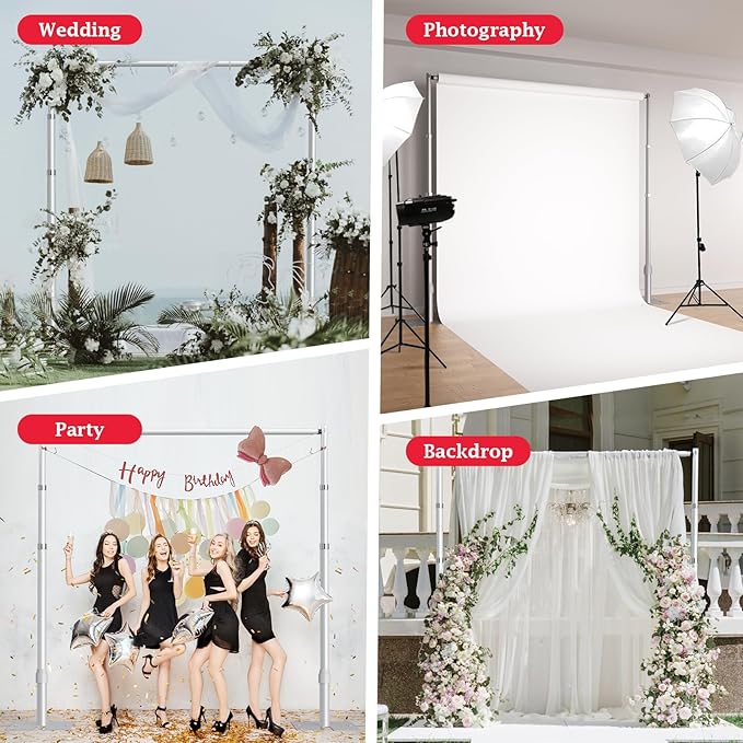 EMART Pipe and Drape Backdrop Stand Kit, 8.9ftx10ft Heavy Duty Adjustable Photo Background, Metal Frame with Flat Base for Wedding, Birthday Party, Banquet Decorations - Silver