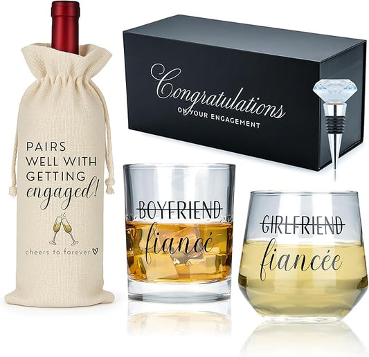 Engagement Gifts for Couples – Mr & Mrs Gift Set for Him & Her – Whiskey and Wine Glasses with Diamond Wine Stopper, Wine Bag – Newly Engaged Present for Fiance