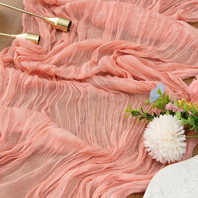 FEXIA Pink Cheesecloth Table Runner Spring Easter Table Runner 35x120 Inches for Mother's Day Bridal Shower Tea Party Spring Baby Shower Decor Table Centerpiece Decorations