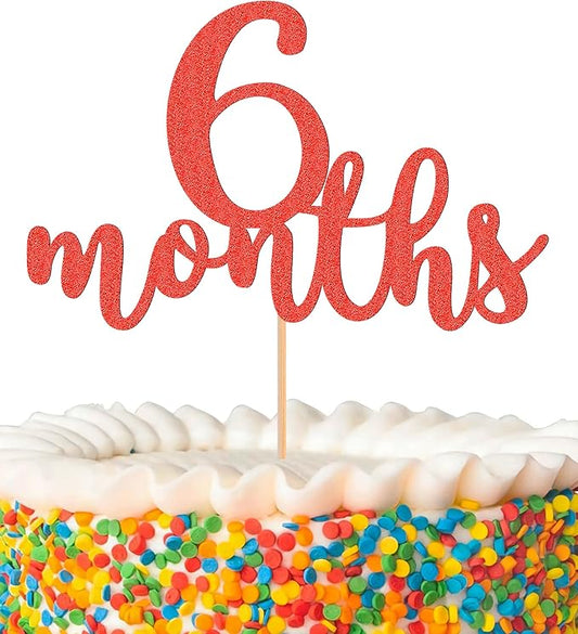 6 Months Cake Topper - Golden Glitter 1/2 Birthday Cake Decorations, Perfect for Baby Shower/Gender Reveal Party/Baby Party Photo Booth Props (Red)