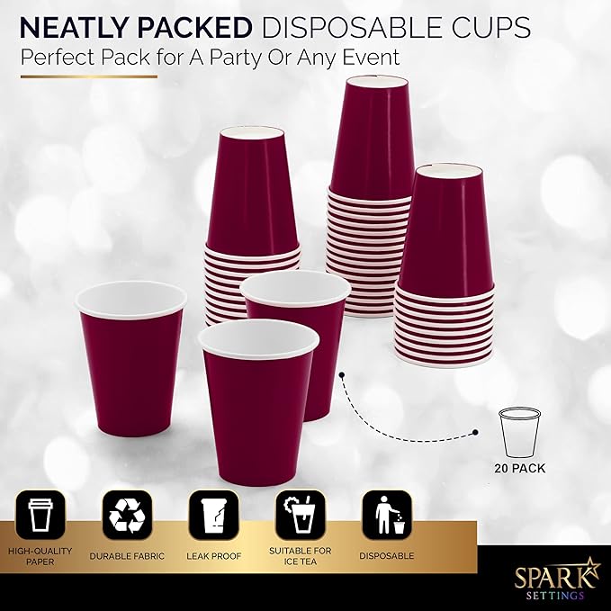 Disposable Paper Cups, 9 oz. Berry Paper Coffee Cups, Strong and Sturdy Coffee Disposable Cups for Party, Wedding, Thanksgiving Day, Christmas, Halloween Hot Cups, Pack of 20