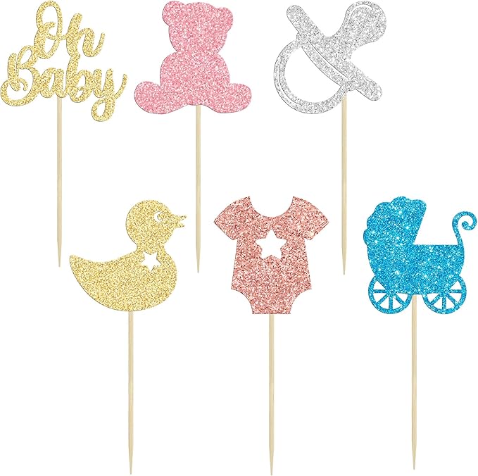 Gyufise 36Pcs Baby Shower Cupcake Toppers Glitter Oh Baby Cupcake Picks Bear Pacifier Baby Carriage Gender Reveal Cake Decorations for Baby Shower Kids Birthday Party Supplies Colorful
