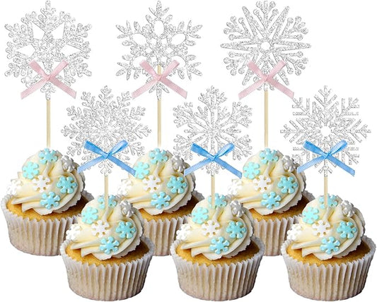 24Pcs Snowflake Cupcake Toppers Silver Glitter Pink Blue Bow Snowflake Gender Reveal Cake Toppers Decorations for Baby Shower Winter Wonderland Christmas Party Supplies