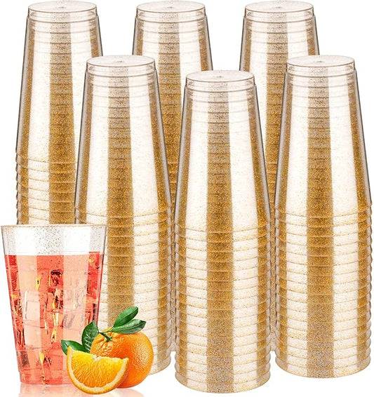 Goodluck 14 oz 200 PCS Gold Glitter Plastic Cups, Disposable Glitter Cups, Elegant Plastic Cocktail Glasses, Fancy Party Cups for Wedding, Birthday, Holiday