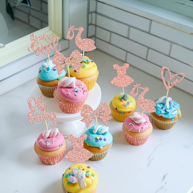Gyufise 36 Pack Oh Baby Cupcake Toppers It's a Girl Cupcake Toppers with Bow Dress Love Heart Rose Gold Glitter Cake Picks Decorations for Baby Shower Girl Birthday Party Supplies