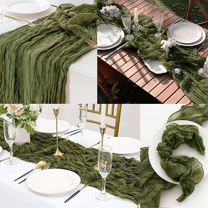 12 Pack Olive Green 10FT Cheesecloth Table Runner Rustic Gauze Cheese Cloth Table Runner for Wedding Bridal Baby Shower Table Decorations Boho Fabric Sheer Birthday Party Decor 20 x 120 Inch Long