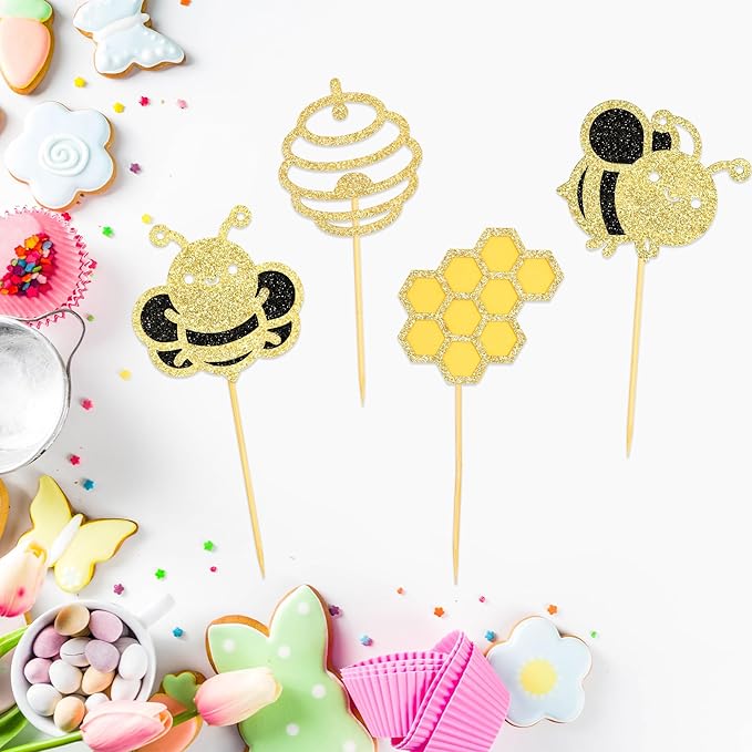 24Pcs Bumble Bee Cupcake Toppers Glitter Heart Honeycomb Bee Cupcake Picks BaBy Shower Cake Decorations for Bee Theme Baby Shower Kids Birthday Party Supplies