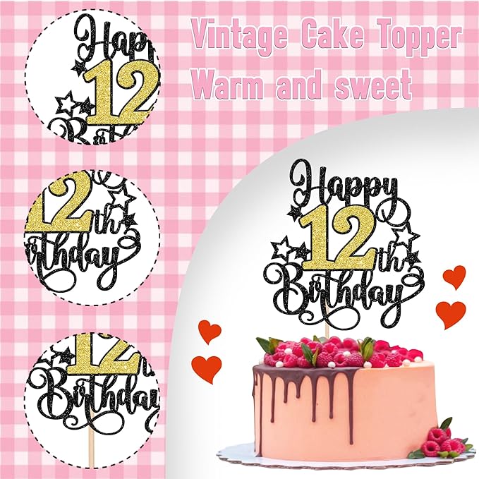 1 PCS Happy 12th Birthday Cake Topper Black Gold Glitter Cheers to 12 Years Birthday Cake Pick Hello 12 Fabulous Cake Decoration for Happy 12th Birthday Anniversary Party Decorations Supplies