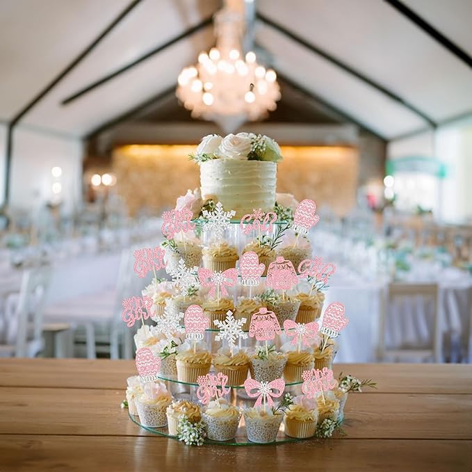 24Pcs Snowflake It's a Girl Cupcake Toppers Glitter Gloves Sweater Winter Frozen Cupcake Picks Wonderland Girls Birthday Baby Shower Cake Decorations Party Supplies Pink