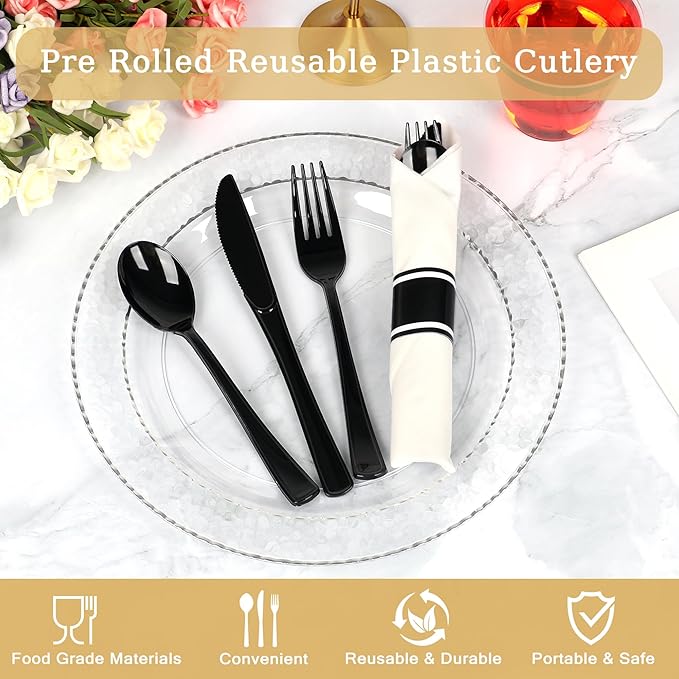 50 Pack Pre Rolled Black Plastic Silverware Set,Wrapped Plastic Cutlery Set with Napkin Include 50 Forks,50 Spoons,50 Knives and 50 White Napkins for Party,Wedding,Christmas