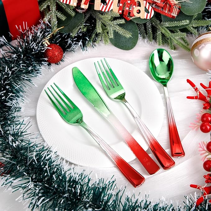 LIYH 120 Pcs Christmas Plastic Silverware - Green and Red Plastic Silverware for Xmas, Gold Cutlery Disposable for Christmas Day Holiday, Gathering