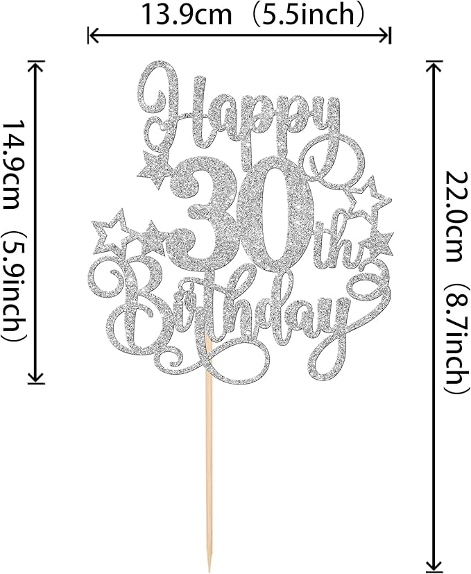 1 PCS Happy 30th Birthday Cake Topper Glitter Cheers to 30 Years Birthday Cake Pick Hello 30 Fabulous Cake Decoration for Happy 30th Birthday Anniversary Party Decorations Supplies Silver