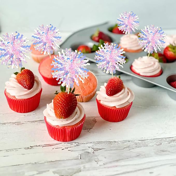 Ephlyn 30Pcs Foil Firework Cupcake Toppers Firework Cake Toppers Tinsel Flower Drink Stirrers Cocktail Food Fruit Toothpicks for Valentine's Day Party Decorations Pink