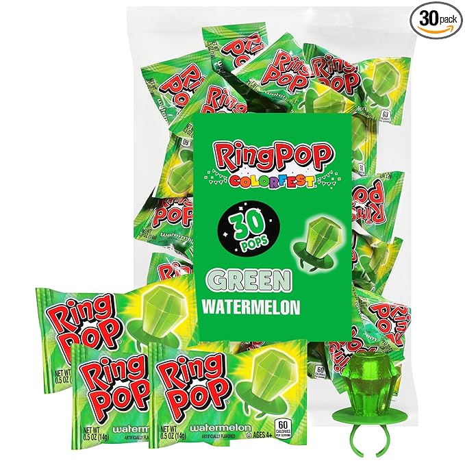 Ring Pop Individually Wrapped Watermelon Flavored Green Candy Lollipop Suckers for Celebrations & Halloween and Parties,30 Oz