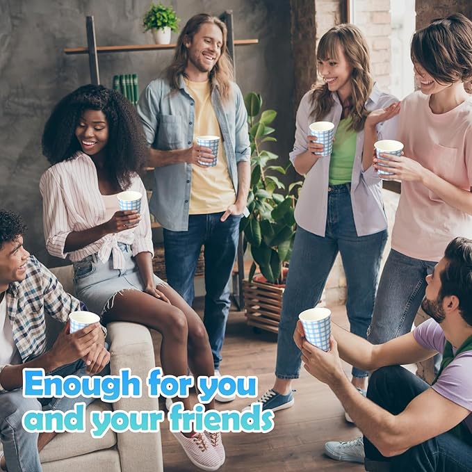 Honeydak 150 Pcs 9 oz Gingham Paper Drinking Cups Checkered Party Disposable Plaid Paper Cups Supplies for Wedding Birthday Fiesta Party Baby Shower Picnic(Blue)