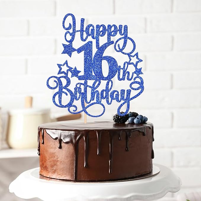 1 PCS Happy 16th Birthday Cake Topper Glitter Cheers to 16 Years Birthday Cake Pick Hello 16 Fabulous Cake Decoration for Happy 16th Birthday Anniversary Party Decorations Supplies Blue