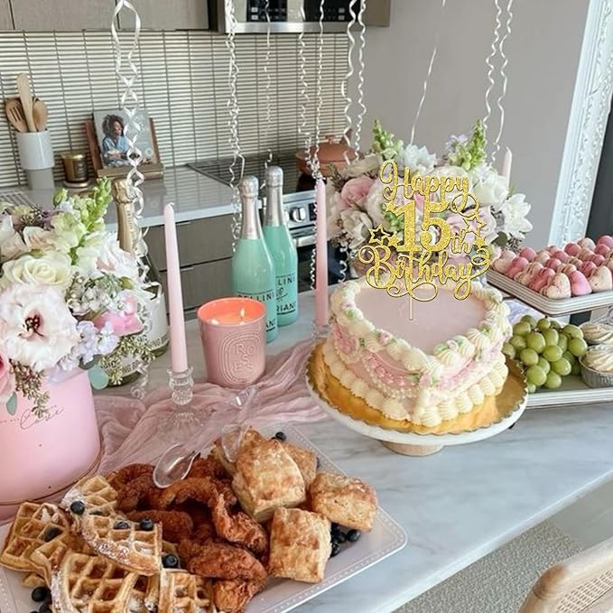 1 PCS Happy 15th Birthday Cake Topper Glitter Cheers to 15 Years Birthday Cake Pick Hello 15 Fabulous Cake Decoration for Happy 15th Birthday Anniversary Party Decorations Supplies Gold