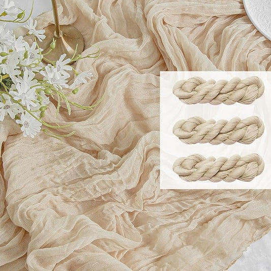 FEXIA 3 Pack Beige Table Runner 35x120 Inches for Baby Shower Decoration Gauze Spring Easter Table Runner for Wedding Party First Communion Centerpiece Engagement Bridal Shower Decoration