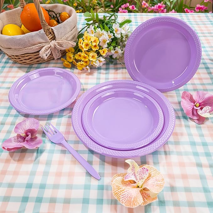 MirthMood 350PCS Lavender Plastic Plates,Lavender Disposable Plates Set – Plastic Plates Set Includes 50 Dinner,50 Dessert Plate,50 Cup&50 Napkins, 50 Lavende Silverware for Wedding & Birthday Parties