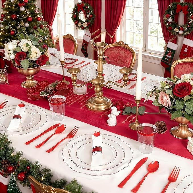 Liacere 400PCS Pre Rolled Red Silverware and Napkin - Disposable Red Plastic Utensils-Wrapped Plastic Cutlery Set with Napkin:100Forks,100Knives,100Spoons,100Napkins for Wedding＆Valentine＆Christmas