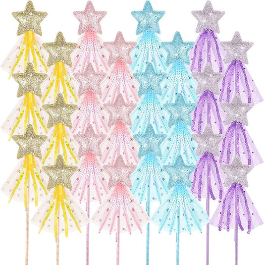 Honoson 24 Pcs Glitter Star Magic Wand Princess Wand Fairy Angel Star Stick with Ribbon for Girl Kid Birthday Wedding Princess Dress up Role Play Party Supply Favor, Pink Purple Gold Blue