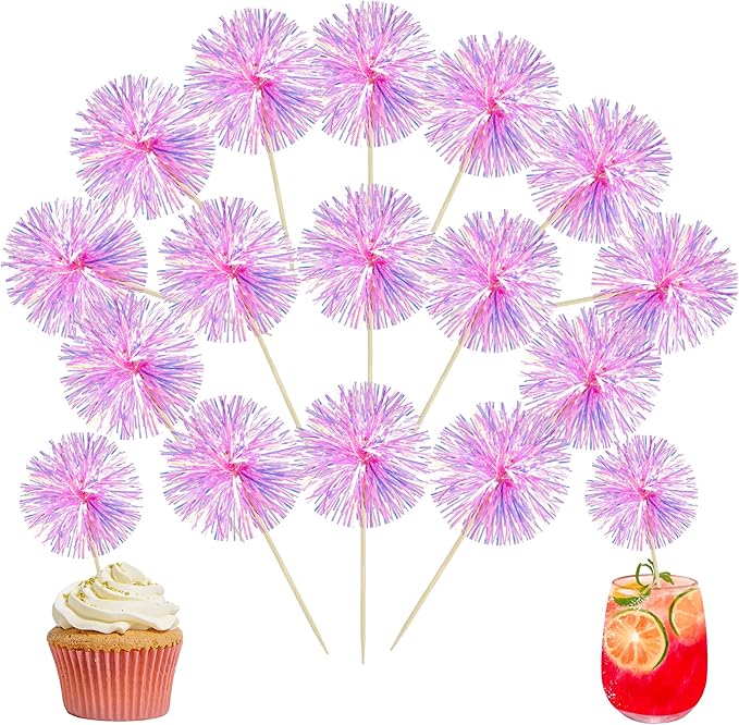 Ephlyn 30Pcs Foil Firework Cupcake Toppers Party Birthday Cake Toppers Supplies Sparkle Tinsel Cocktail Fruit Toothpick for Birthday Wedding Graduation Party Rose Red
