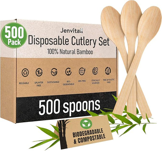 100% Bamboo Spoons Set - Eco Friendly Cutlery (500 Biodegradable Spoons) | Reusable or Disposable Bamboo Utensils | Compostable FSC Certified Silverware for Weddings, Camping, Parties