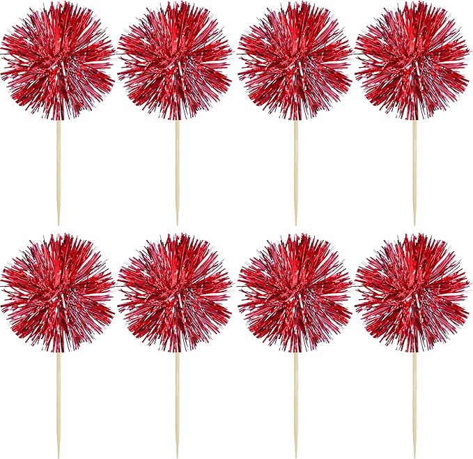 Gyufise 30Pcs Foil Firework Cupcake Toppers Sparkle Tinsel Cake Toppers Tinsel Drink Cake Decoration Cocktail Picks for Birthday Wedding Graduation Party Supplies Dark Red