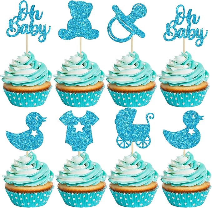 Gyufise 36Pcs Oh Baby Cupcake Toppers Glitter Bear Pacifier Baby Carriage Cupcake Picks Baby Shower Cake Decorations for Gender Reveal Baby Shower Birthday Party Supplies Blue
