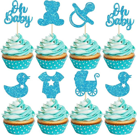 Gyufise 36Pcs Oh Baby Cupcake Toppers Glitter Bear Pacifier Baby Carriage Cupcake Picks Baby Shower Cake Decorations for Gender Reveal Baby Shower Birthday Party Supplies Blue