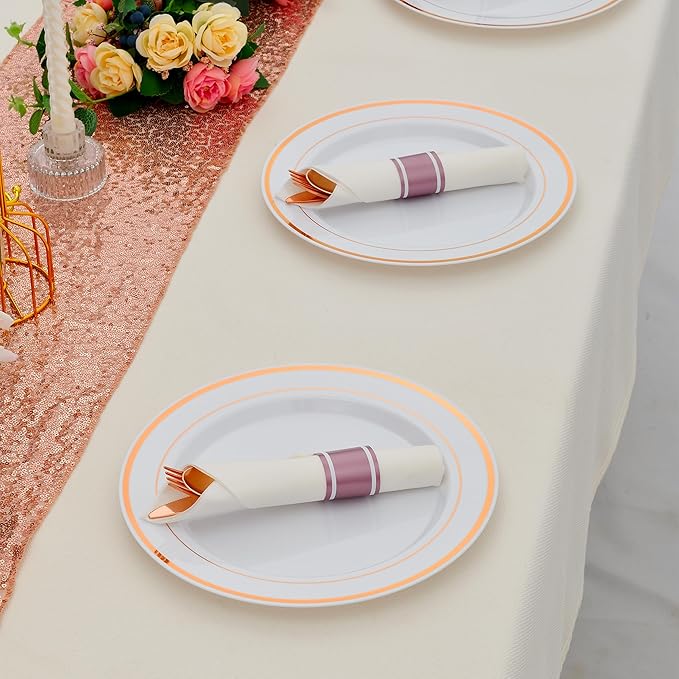100 Pack Pre Rolled Rose Gold Plastic Silverware Set with Napkins,Disposable Wrapped Heavy Duty Cutlery Set for Wedding Birthday Party-100 Forks,Knives,Spoons,Utensils Set,Plasticware Bulk