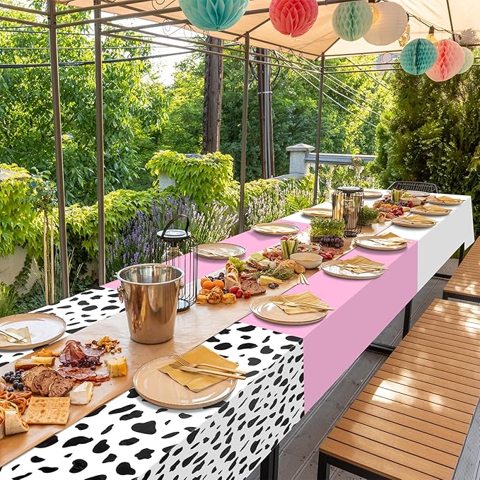 12Pcs Cow Print and Pink White Tablecloth Set, Pink and White Cow Print Table Covers Disposable Plastic Rectangle Tablecloth for Cowgirl Birthday Baby Shower Barnyard Party Decorations, 108*54inch
