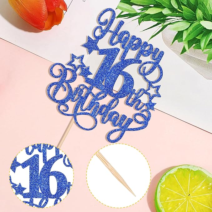 1 PCS Happy 16th Birthday Cake Topper Glitter Cheers to 16 Years Birthday Cake Pick Hello 16 Fabulous Cake Decoration for Happy 16th Birthday Anniversary Party Decorations Supplies Blue