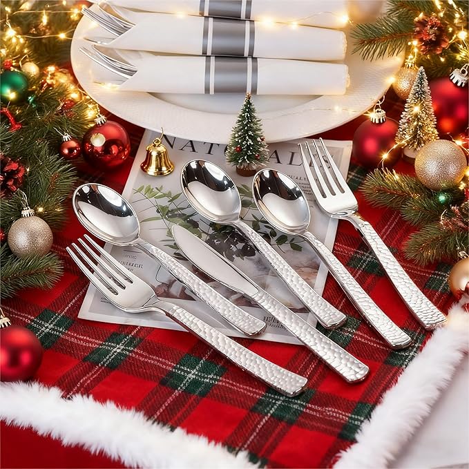 WELLIFE 300PCS Silver Plastic Silverware,Pre Rolled Silverware Set Disposable,Disposable Cutlery Includes: 75 Forks, 75 Knives, 75 Spoons, 75 Napkins,Christmas Utensils