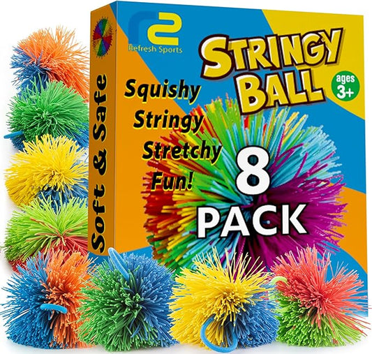 Stringy Balls & Sensory Toys for Kids 8 Pack - Stocking Stuffers For Kids Ages 4 5 6 7 8 + Year Old Gift Ideas - Best Birthday Toddler Gifts for Boys & Girls - Monkey Pom Balls Fidget Toys Stress Ball
