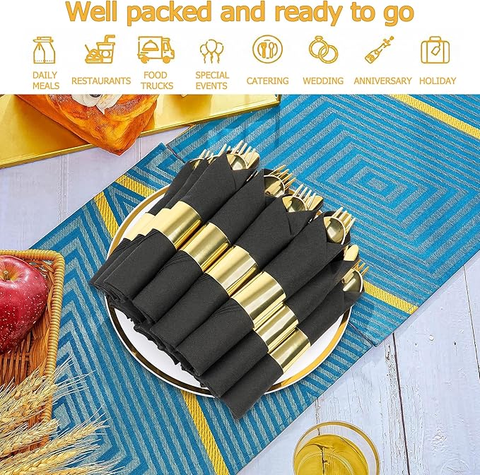 50 Pack Pre Rolled Gold Plastic Silverware Set,Wrapped Plastic Cutlery Set with Napkin Include 50 Forks,50 Spoons,50 Knives and 50 Black Napkins for Party, Wedding,Christmas