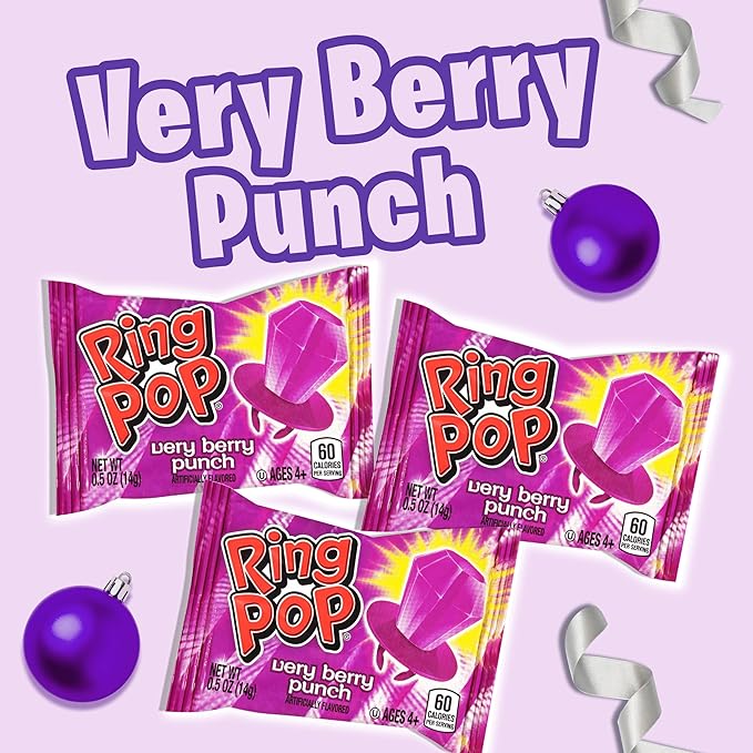 Ring Pop Purple Christmas Candy Lollipops, 30 Ct Bulk Individually Wrapped in Very Berry Punch Flavor, Full Size, Fun Candy For Birthday, Party Favors, Holiday Gifts For Kids, Stocking Stuffers