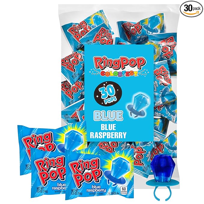 Ring Pop Individually Wrapped Blue Christmas Candy, 30 Ct Bulk Lollipop Pack, Raspberry Flavored Lollipop Suckers for Kids, Fun Candy Bulk for Stocking Stuffers, Christmas Gifts, Party Favors