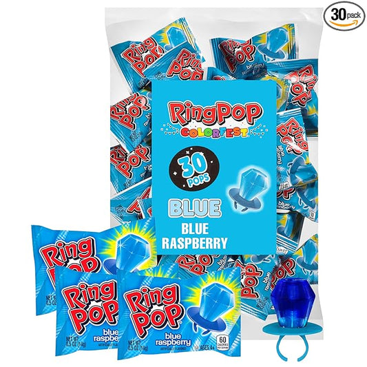 Ring Pop Individually Wrapped Blue Christmas Candy, 30 Ct Bulk Lollipop Pack, Raspberry Flavored Lollipop Suckers for Kids, Fun Candy Bulk for Stocking Stuffers, Christmas Gifts, Party Favors