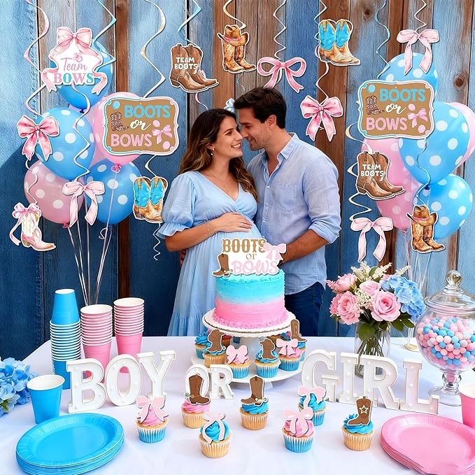 Boots or Bows Gender Reveal Decorations Boots and Bows Gender Reveal Cupcake Toppers Party Supplies Cowboy or Cowgirl Garland Banner Brown Pink Western Baby Shower