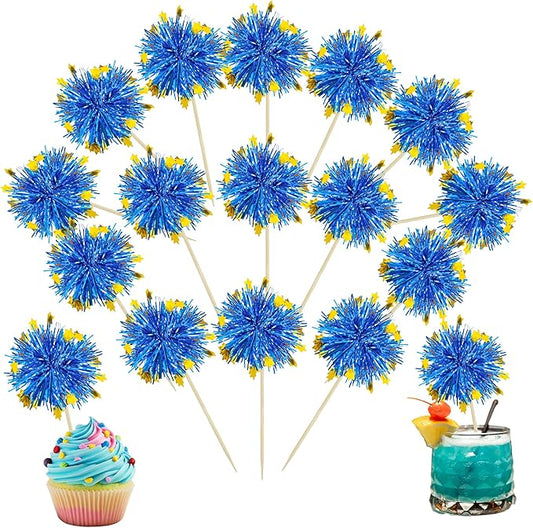 Ephlyn 30Pcs Foil Firework Cupcake Toppers Firework Cake Toppers Tinsel Flower Drink Stirrers Cocktail Food Fruit Toothpicks for Valentine's Day Party Decorations Blue
