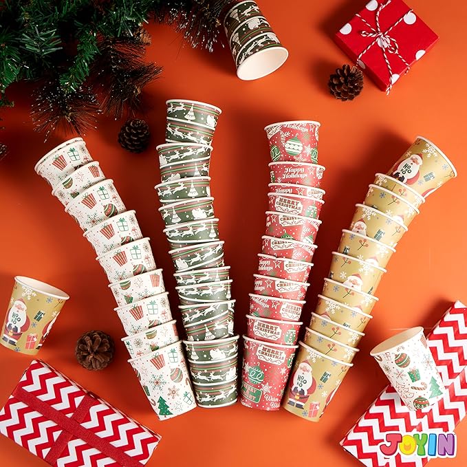 JOYIN 48 PACK Christmas Cups Disposable, 9 oz Paper Cups Holiday Winter Style Designs for Hot Chocolate Coffee & Tea, Xmas Party Drinkware, Party Supplies