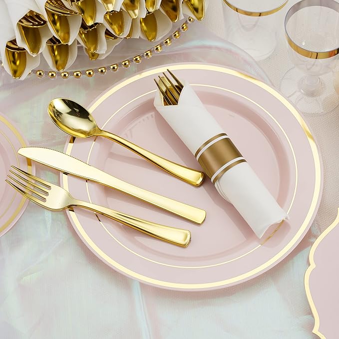 50 Pack Pre Rolled Gold Plastic Silverware Set with Napkins,Disposable Wrapped Heavy Duty Cutlery Set for Wedding Birthday Party-50 Forks,Knives,Spoons,Napkins,Utensils Set,Plasticware Bulk
