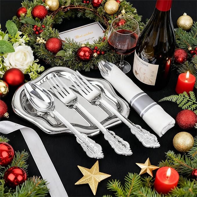 Liacere 400PCS Silver Plastic Silverware - Pre Rolled Napkins Disposable Silver Cutlery-Premium Quality Gold Plastic Utensils - Includes 100Forks,100Knives,100Spoons,100Napkins&Christmas
