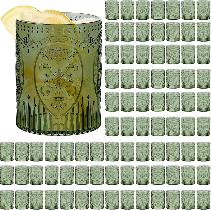 100 Plastic Vintage Drinking Glasses 8.5oz Stemless Retro Embossed Wine Glasses Shatterproof Reusable Cups for Baby Shower Wedding Reception Grand Event Party (Dark Green)