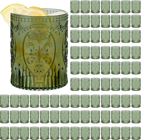 100 Plastic Vintage Drinking Glasses 8.5oz Stemless Retro Embossed Wine Glasses Shatterproof Reusable Cups for Baby Shower Wedding Reception Grand Event Party (Dark Green)
