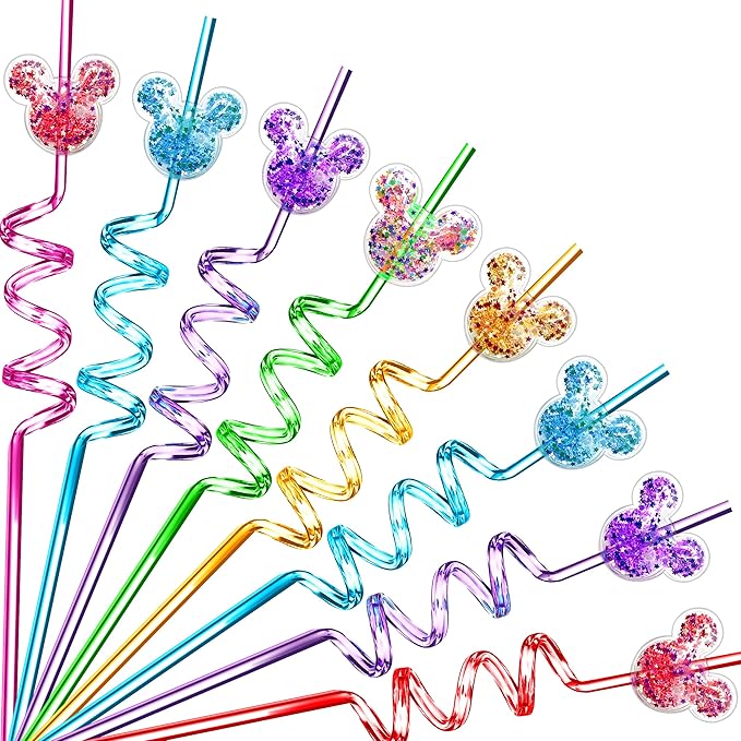 24Pcs Glitter Mouse Straws for Kids Birthday Party Favors Supplies Decorations Crazy Reusable Drinking Straws for Theme Birthday Oh Twodles Party