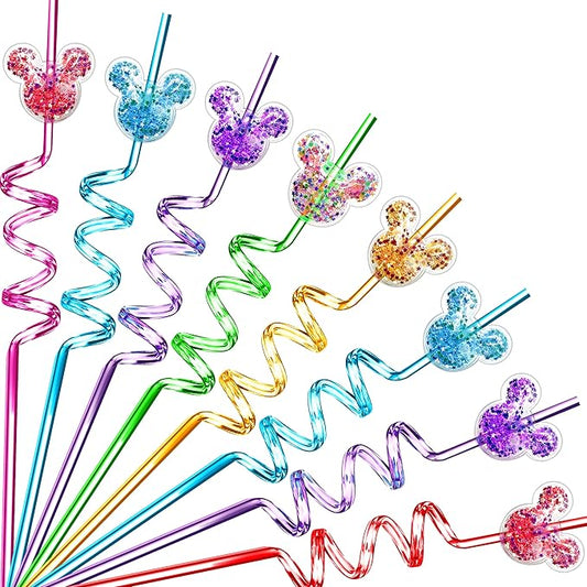 24Pcs Glitter Mouse Straws for Kids Birthday Party Favors Supplies Decorations Crazy Reusable Drinking Straws for Theme Birthday Oh Twodles Party