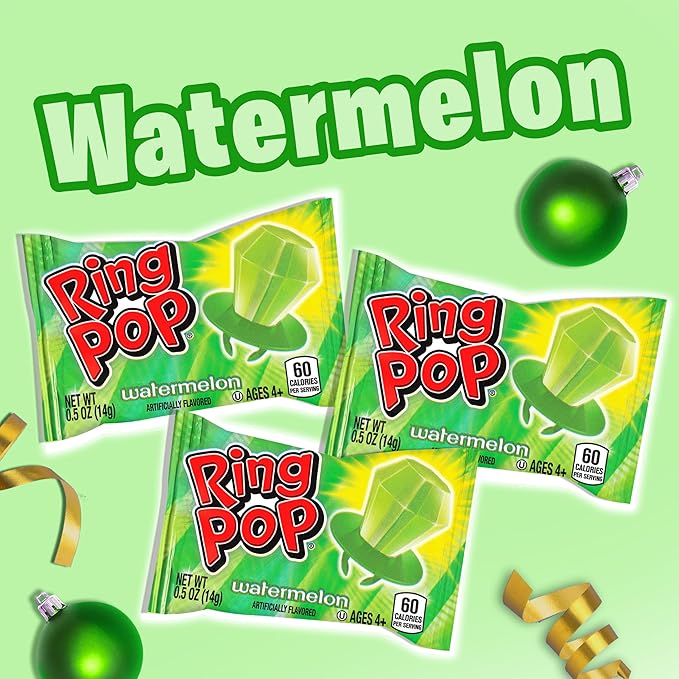 Ring Pop Individually Wrapped Watermelon Flavored Green Candy Lollipop Suckers for Celebrations & Halloween and Parties,30 Oz