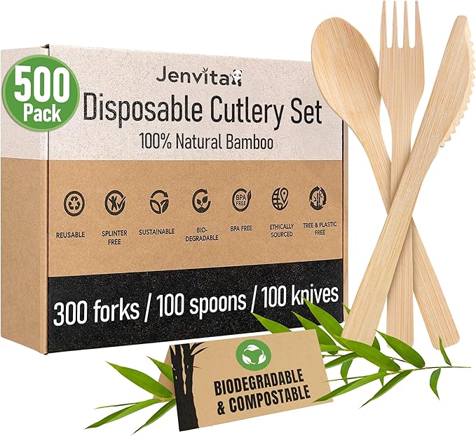 100% Bamboo Cutlery Set - 500 Biodegradable Utensils (300 Forks, 100 Knives, 100 Spoons) - Reusable or Disposable Bamboo Flatware | Compostable FSC Certified Utensils for Weddings & Parties